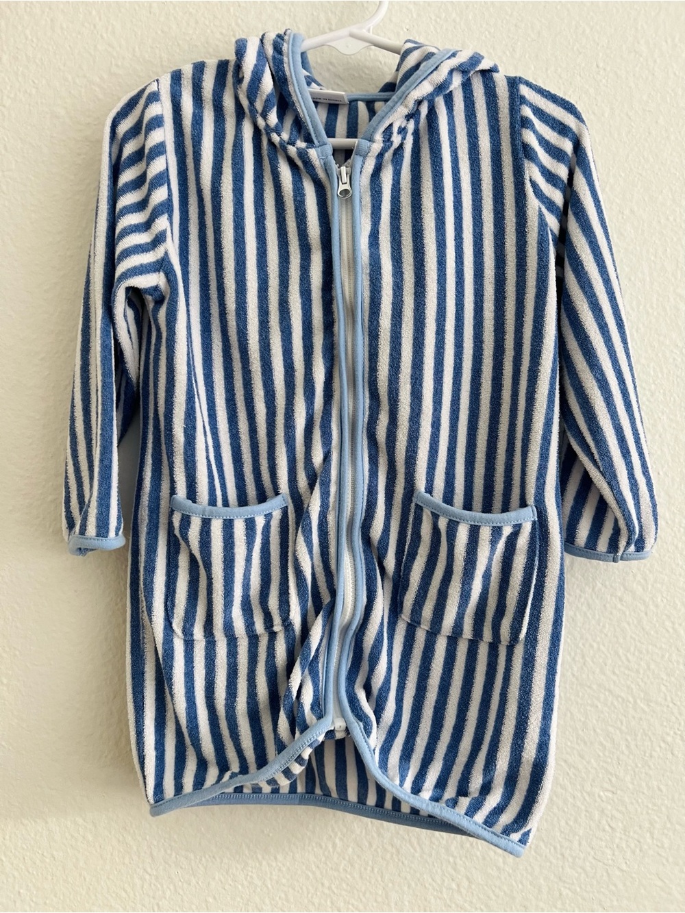 Toddler Striped Blue & White Hooded Terry Robe with Pockets
